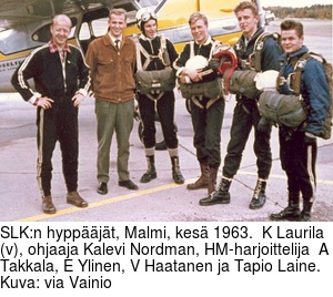SLK:n hyppjt, Malmi, kes 1963.  K Laurila (v), ohjaaja Kalevi Nordman, HM-harjoittelija  A Takkala, E Ylinen, V Haatanen ja Tapio Laine. Kuva: via Vainio