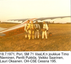 18.7.1971, Pori, SM 71 VaaLK:n joukkue Timo Nieminen, Pentti Pukkila, Veikko Saarinen, Lauri Oksanen. OH-CSE Cessna 195.